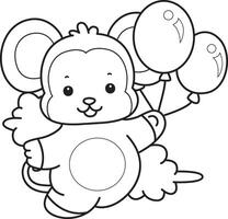 Outline of monkey bring a three of balloons. Coloring pages of cute monkey. vector