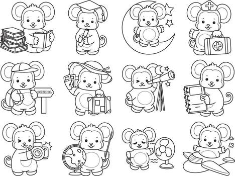 Outline of monkey in the variation of smart and education. Coloring pages of cute monkey. vector