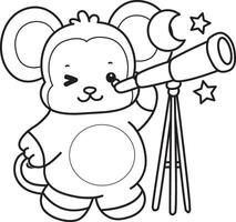 Outline of monkey bring a telescope. Coloring pages of cute monkey. vector