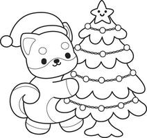 Outline of santa shiba inu with christmas tree. Coloring pages of cute shiba inu. vector