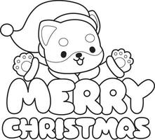 Outline of santa shiba inu with merry christmas text. Coloring pages of cute shiba inu. vector