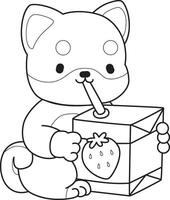 Outlineof shiba inu drinking a strawberry milk. Coloring pages of cute shiba inu. vector