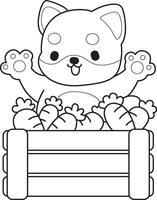 Outline of shiba inu bring a lot of carrots. Coloring pages of cute shiba inu. vector