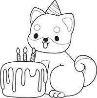 Outline of shiba inu bring a birthday cake. Coloring pages of cute shiba inu. vector