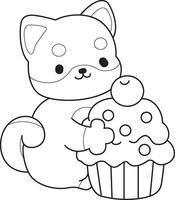 Outline of shiba inu bring a cupcake. Coloring pages of cute shiba inu. vector