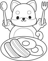 Outline of shiba inu want to eating bacon and eggs. Coloring pages of cute shiba inu. vector