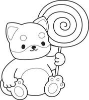 Outline of shiba inu bring a lollipop. Coloring pages of cute shiba inu. vector