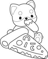 Outline of shiba inu eating a pizza. Coloring pages of cute shiba inu. vector