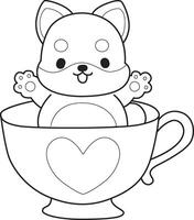 Outline of shiba inu stuck in the cup of tea. Coloring pages of cute shiba inu. vector