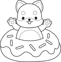 Outline of shiba inu stuck in the doughnut. Coloring pages of cute shiba inu. vector