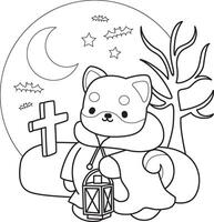 Outline of shiba inu wearing a hoodie and walking in the grave. Coloring pages of cute shiba inu. vector