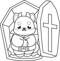 Outline of vampire shiba inu sleeping in the coffin. Coloring pages of cute shiba inu. vector