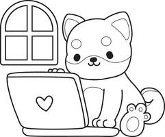 Outline of shiba inu working in the notepad. Coloring pages of cute shiba inu. vector