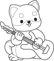 Outline of shiba inu playing a guitar. Coloring pages of cute shiba inu. vector