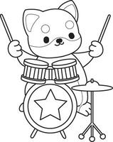 Outline of shiba inu playing a drum in the band. Coloring pages of cute shiba inu. vector