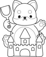 Outline of shiba inu playing a sand castle. Coloring pages of cute shiba inu. vector