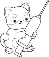 Outline of shiba inu bring a syringe. Coloring pages of cute shiba inu. vector