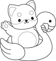 Outline of shiba inu stuck in the flamingo tire. Coloring pages of cute shiba inu. vector