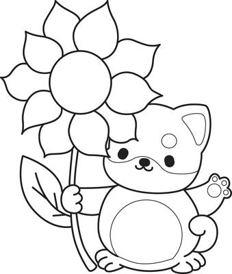 Outline of shiba inu bring a sun flower. Coloring pages of cute shiba inu.
