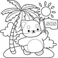 Outline of shiba inu bring a sos flag. Coloring pages of cute shiba inu. vector
