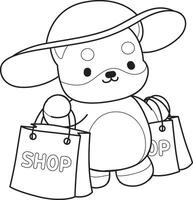 Outline of shiba inu bring a lot of shopping bag. Coloring pages of cute shiba inu. vector