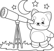 Outline of shiba inu see the sky with telescope. Coloring pages of cute shiba inu. vector