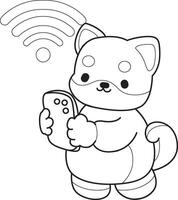 Outline of shiba inu bring a phone. Coloring pages of cute shiba inu. vector