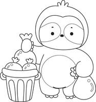 Outline of sloth throw the garbage into its place. Coloring pages of cute sloth. vector