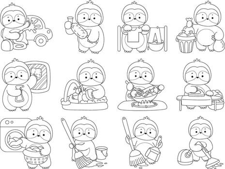 Outline of sloth in the variation of chores and laundry. Coloring pages of cute sloth. vector