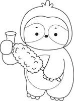 Outline of sloth cleaning the vase with feather duster. Coloring pages of cute sloth. vector