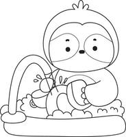 Outline of sloth cleaning the plate in the sink. Coloring pages of cute sloth. vector