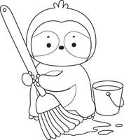 Outline of sloth cleaning the floor with mop. Coloring pages of cute sloth. vector