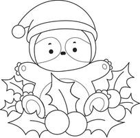 Outline of santa sloth in the middle of cherry plants. Coloring pages of cute sloth. vector