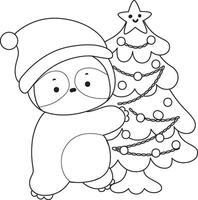 Outline of santa sloth bring a christmas tree. Coloring pages of cute sloth. vector