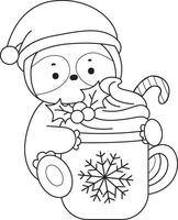 Outline of santa sloth bring a hot chocolate. Coloring pages of cute sloth. vector