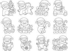 Outline of santa sloth in the variation of christmas party. Coloring pages of cute sloth. vector