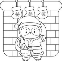 Outline of santa sloth arrive in the fire place. Coloring pages of cute sloth. vector