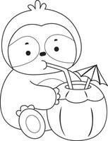 Outline of sloth drinking a coconut drink. Coloring pages of cute sloth. vector