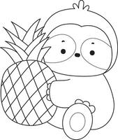 Outline of sloth bring a pineapple. Coloring pages of cute sloth. vector