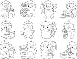 Outline of sloth in the variation of drink and beverage. Coloring pages of cute sloth. vector