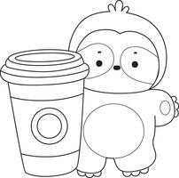 Outline of sloth bring a cup of coffee. Coloring pages of cute sloth. vector