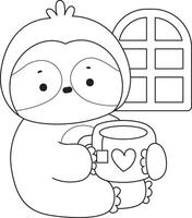 Outline of sloth enjoy with hot tea. Coloring pages of cute sloth. vector