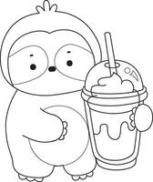 Outline of sloth bring a milkshake. Coloring pages of cute sloth. vector