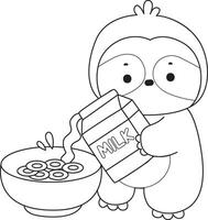 Outline of sloth pouring a milk into cereal bowl. Coloring pages of cute sloth. vector