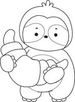 Outline of sloth bring a bread. Coloring pages of cute sloth. vector