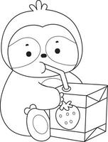 Outline of sloth drinking a strawberry milk. Coloring pages of cute sloth. vector