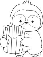 Outline of sloth bring a french fries. Coloring pages of cute sloth. vector