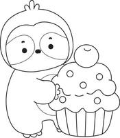 Outline of sloth bring a creamy cupcake. Coloring pages of cute sloth. vector