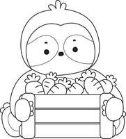 Outline of sloth bring a lot of carrot. Coloring pages of cute sloth. vector