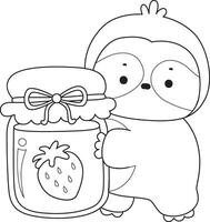 Outline of sloth bring a strawberry jam. Coloring pages of cute sloth. vector